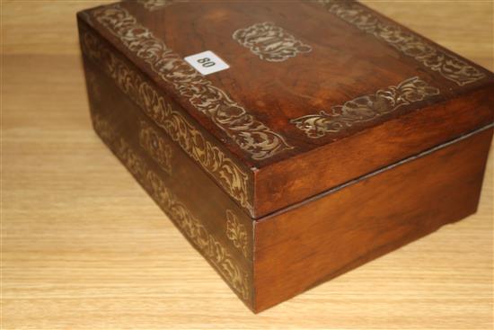A Victorian rosewood and mother of pearl work box and sewing accessories 12 x 28cm